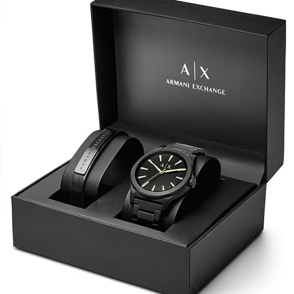 NEW! Armani Exchange Black and Gold Men's Watch + Bracelet set